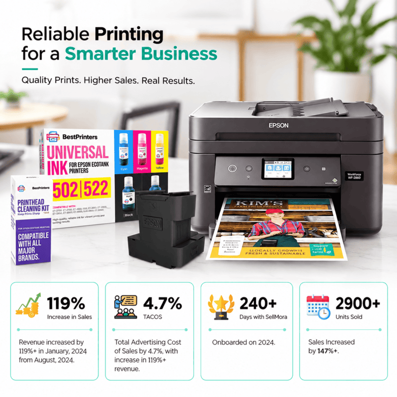 Best Printers universal ink and printhead cleaning kit beside an Epson EcoTank printer